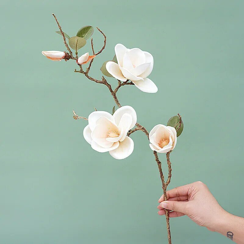 Flor de seda Artificial de Magnolia grande de lujo, rama larga, sala de estar, decoración del hogar, arreglo de boda, orquídea blanca de otoño, planta falsa