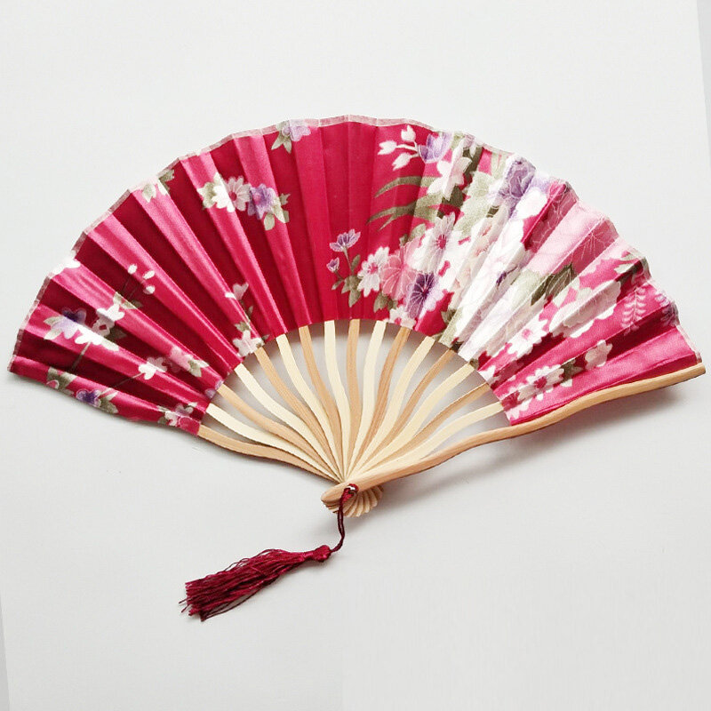 Bambu Vintage warna-warni lipat tangan memegang kipas bunga gaya Cina pesta dansa saku hadiah pernikahan Anime kostum Halloween