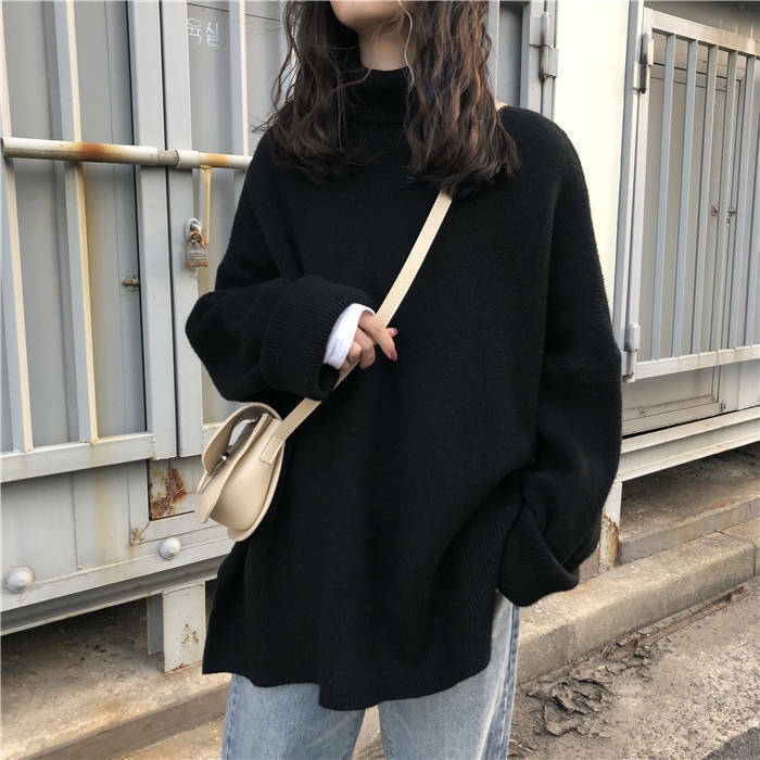 Blue 2021 Pulloveres Overszie Casual Women Black Turtleneck Collar Sweater Spring Autumn Pattern Long Sleeve Solid Knitting Tops