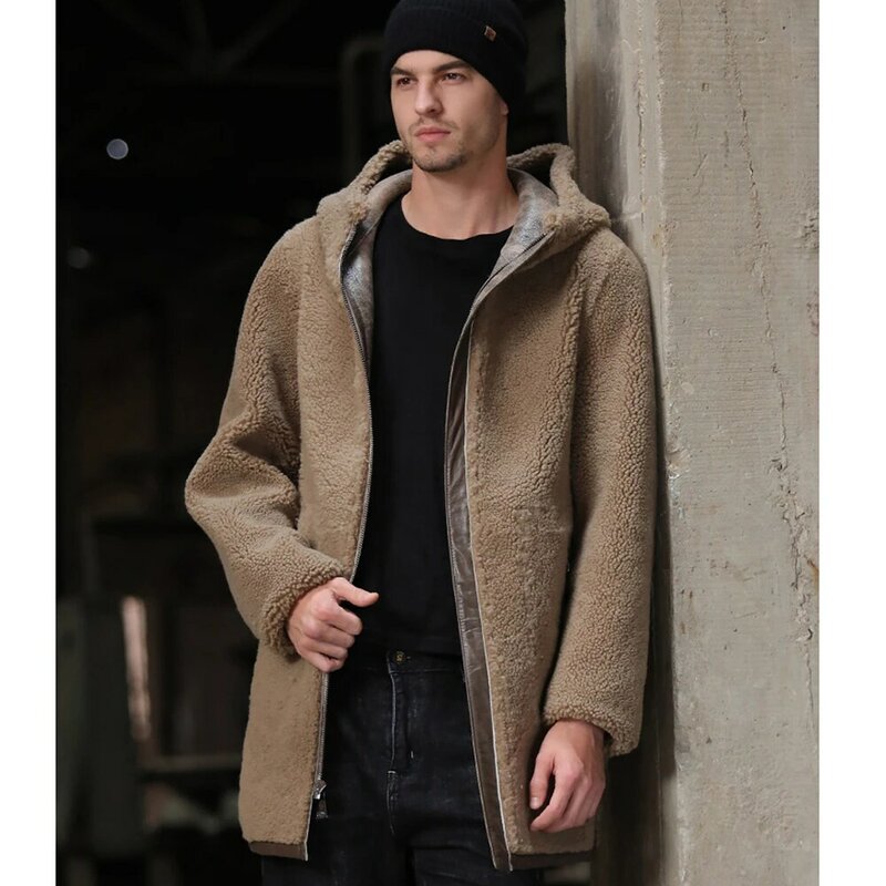 Promote Two Sides Wear Long Sheepskin Fur Shearling Brown 100% Real Natural Fur Coat Thick Warm Winter Hooded Fur Clothes