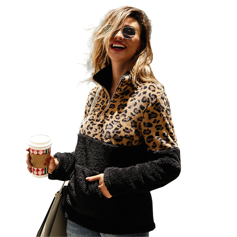 Diiwii novos produtos no outono e inverno moda feminina leopardo costura camisola de mangas compridas
