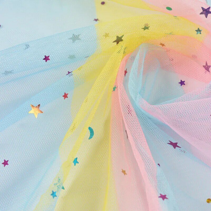 Rainbow Printing Mesh Fabric Stars Moon Laser Sequins Fabric DIY Crafts Cloth Clothing Apparel Party Fabric Per Meter Material