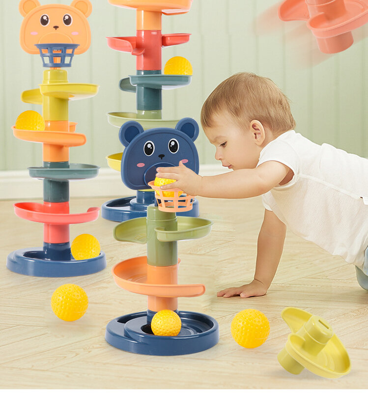 Montessori Stacking Block Track Ball Toy Interactive Sliding Toss Game Toy W/ Basket Hoop Easy Assembly Baby Sensory Toy