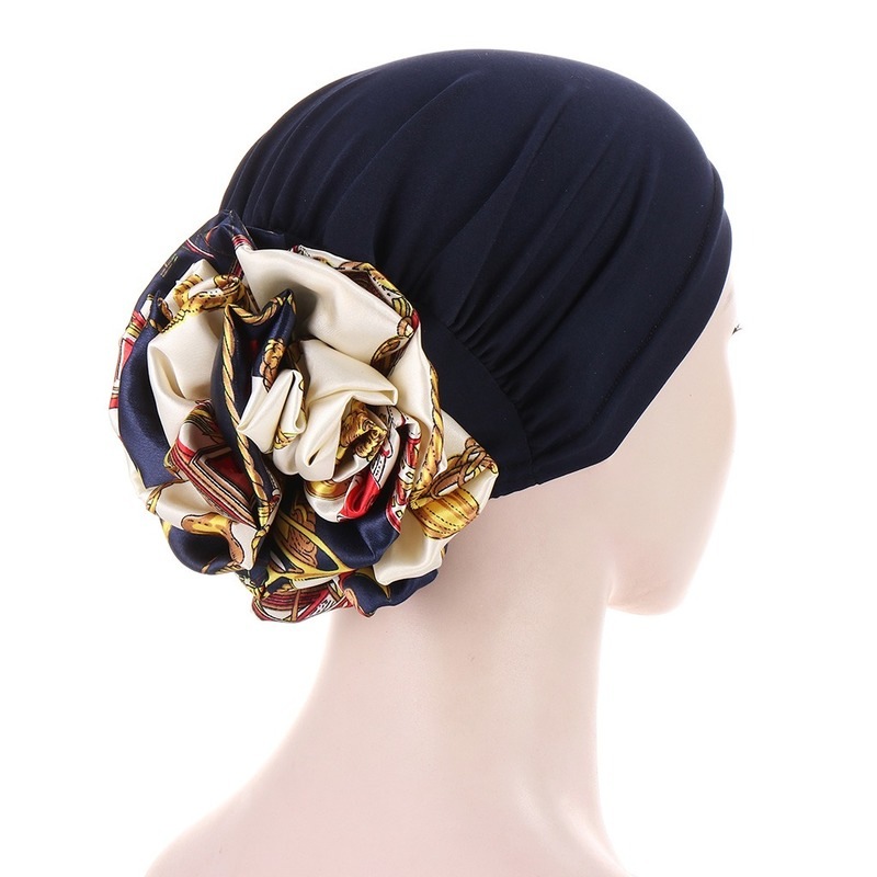 KepaHoo Stretchy Satin Flower Turban Bonnet For Women Muslim Under Hijab Cap Solid Color Islamic Inner Hijabs Headwrap Chemo Cap