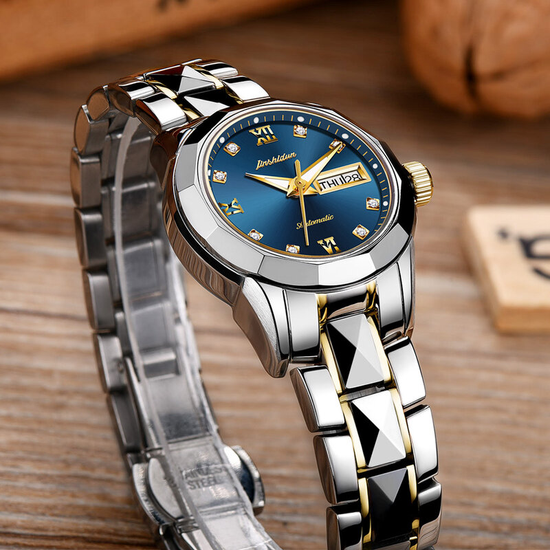 Jsdun-Luxe Merk Sapphire Mechanische Dameshorloge, Wolfraam Staal Materiaal, Waterdicht, hoge-Kwaliteit Mode Eenvoudige Horloge 8813