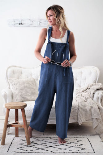 New Hot Casual Loose Wide Leg strap Jumpsuit Woman Cotton Linen Solid Pocket Romper Ladies Playsuits Overalls Large Size