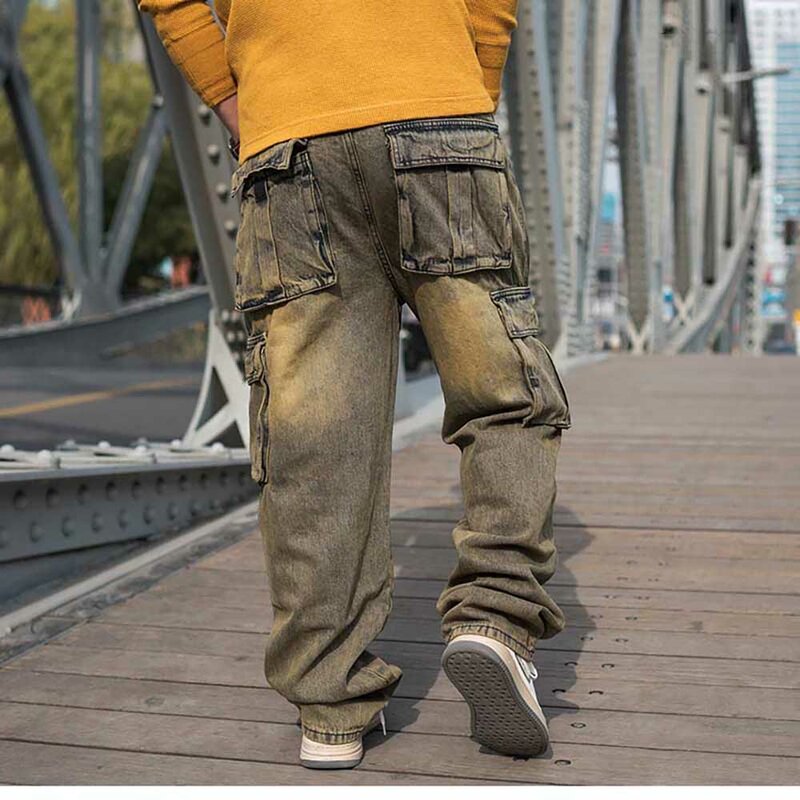Fashion Cargo Pants Men's Casual Jeans Hiphop Harem Trousers Straigth Loose Baggy Streetwear Distressed Denim Clothing Plus Size