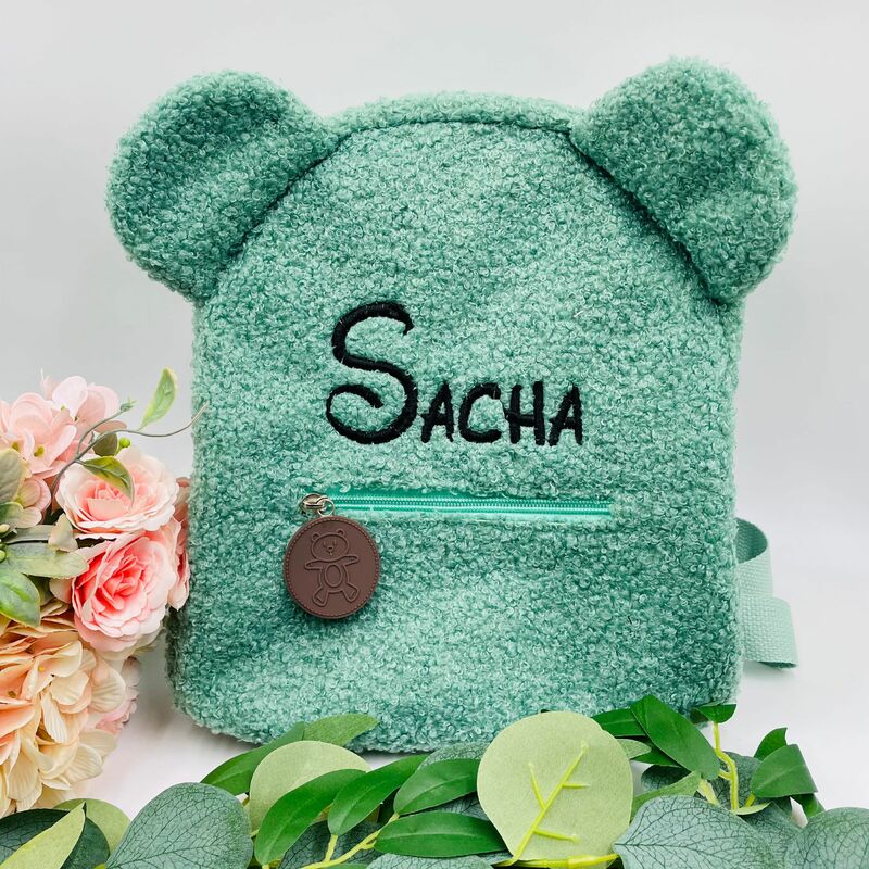 Mochila personalizada con nombre hebreo, mochila con patrón de oso bonito, mochila de felpa para niños pequeños, mochila de hombro informal pequeña personalizada para mujeres y niñas