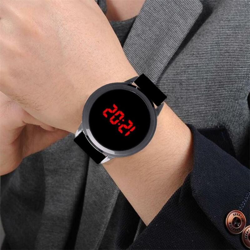 الرجال موضة LED ساعة مستديرة شاشة تعمل باللمس ساعة اليد سيليكون الساعات relogio ساعة رقمية الرجال الرياضة ساعة رقمية reloj