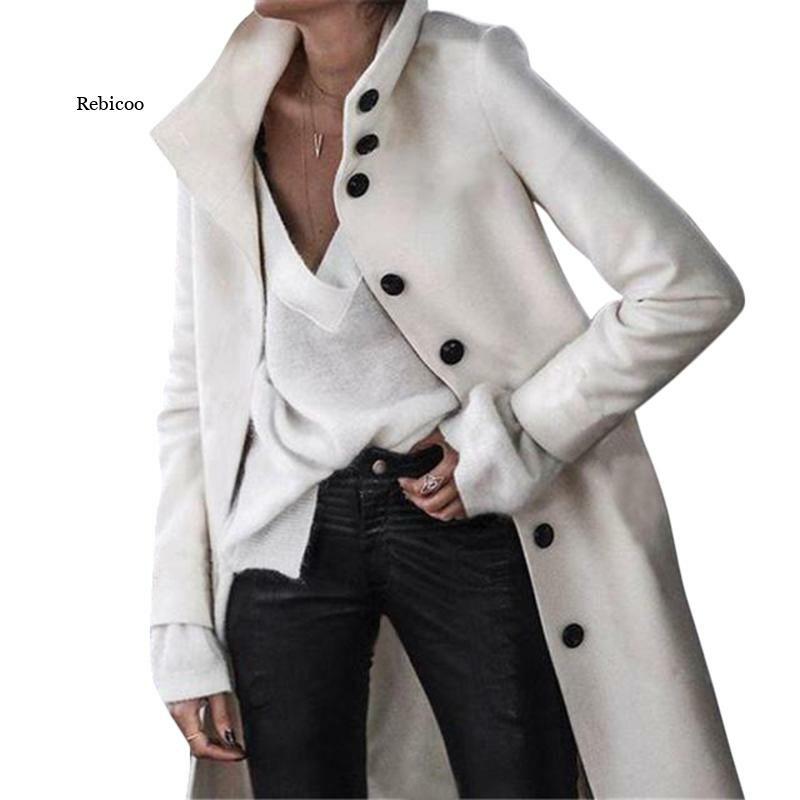 Женское длинное шерстяное пальто, Свободное пальто с отложным воротником и длинным рукавом, Осень-зима