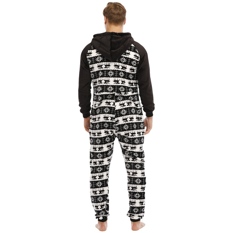 Mann Flanell Overall Langarm Sweatshirt männer Ein-stück Pyjama Lässige Weihnachten Schwarz Druck Trainingsanzug