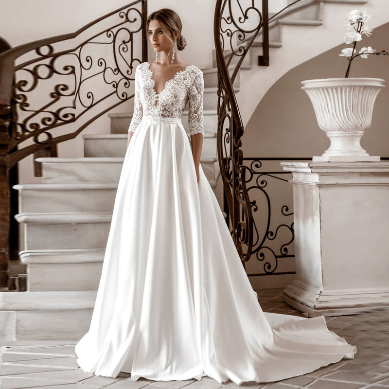 DREAM – robe De mariée en Satin à manches 3/4, élégante, dentelle, col en v, ligne a, Vintage, Simple, 2022