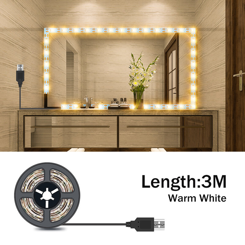 Fita de luz LED para vestir e banheiro, Fita de lâmpada para Vanity Mirror, Fita de maquiagem, USB, 5V, 5m