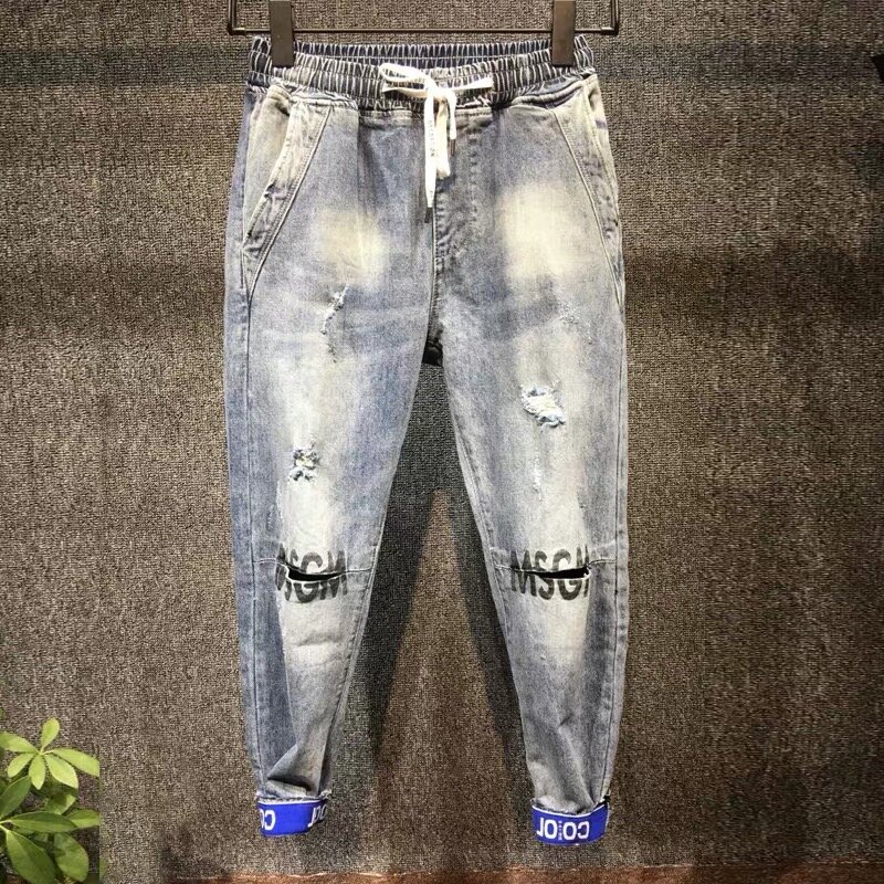 Męskie jeansy wiosna nowa dziura Harun dziewięć punktów dżinsy męskie miękkie dorywczo luźna, bawełniana elastyczna fala męskie spodnie z wiązaniem spodnie rozciągliwe