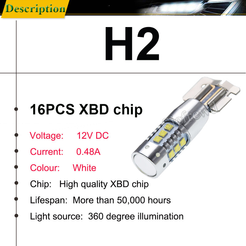 H2 LED 자동차 조명 XBD 칩, 80W 자동 헤드라이트 전구, 안개 DRL 주행 램프, 전면 헤드램프, 흰색 6000K, 12 V, 12 볼트 DC, 2 개