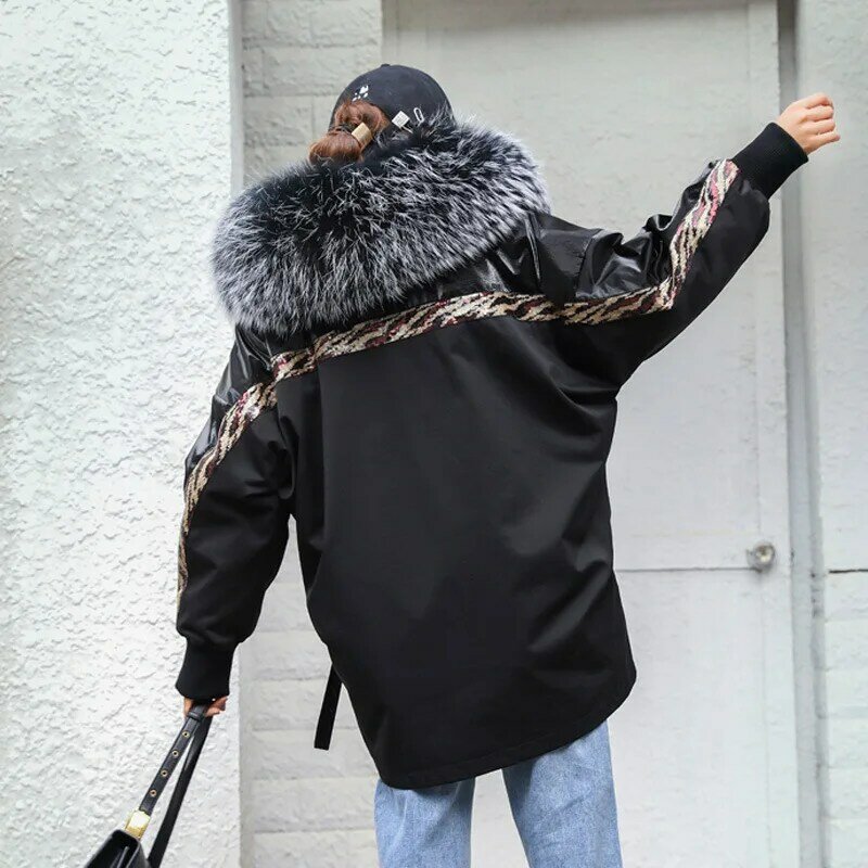 2023 novo coreano parka para as mulheres de comprimento médio pele de coelho forro de pele de guaxinim gola lantejoulas moda com capuz casaco de pele feminino inverno