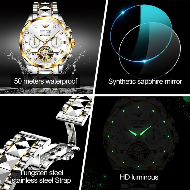 OUPINKE 오리지널 뚜르비옹 커플 시계, 남녀공용, 럭셔리 탑 브랜드, 자동 기계식 손목시계, 연인 선물
