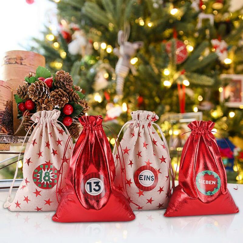 Conjunto de 24 unidades de calendario de adviento de Navidad, bolsa de yute para dulces con cordón, paquete de lino, bolsillo DIY, bolsa de regalo para Calendario de Adviento de Navidad