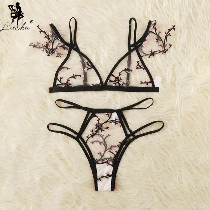 Leechee novo sutiã sexy bordado floral pura malha lingerie conjunto push up bralette + oco para fora tanga sexy íntima roupa interior