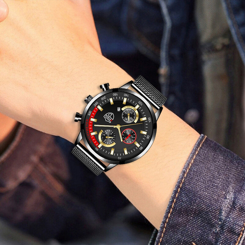 часы мужские Часы наручные мужские кварцевые с сетчатым браслетом, модные роскошные деловые повседневные, с кожаным ремешком из нержавеющей стали