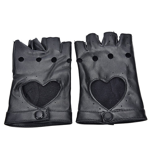 Guantes a la moda para mujer, 1 par, de cuero PU negro, medio dedo, para acondicionamiento físico, guantes sin dedos con agujero en el corazón, guantes para chico