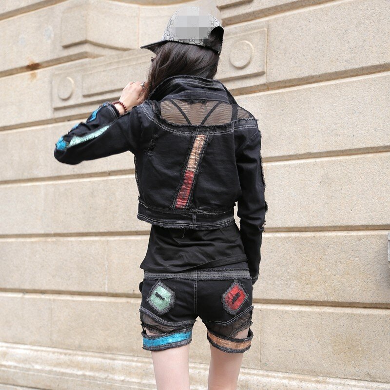 고딕 펑크 스타일 메쉬 패치 워크 여성 3Pcs 의상 최고 품질의 긴 소매 슬림 맞는 짧은 재킷 코트 구멍 찢어진 뜨거운 반바지