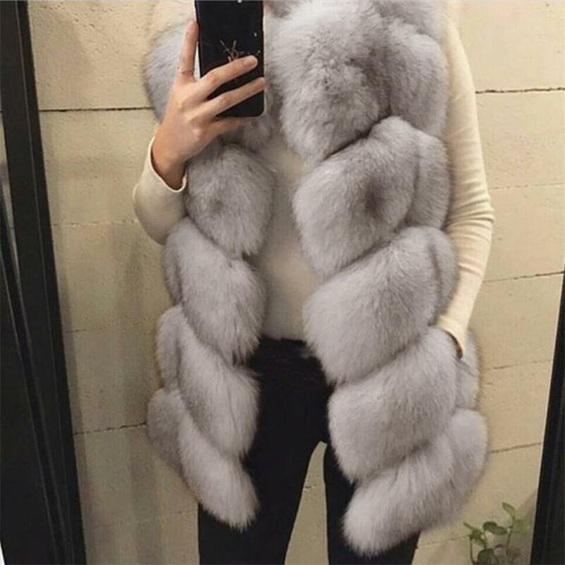 Grosso & quente senhoras prata raposa casaco de pele outono & inverno falso colete de pele moda cinza/preto/vermelho