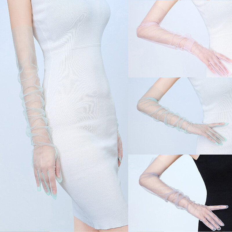 Guantes transparentes de tul para mujer, manoplas largas de dedo completo con codo, para fotografía y fiesta de boda, 2024