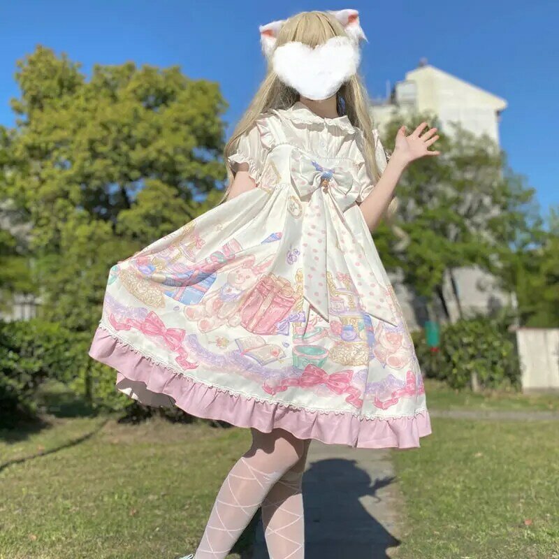 Japanese Retro Kawaii Lolita Jsk Dress Women Blue Bow Ruffles Princess Dresses Girls Victorian Gothic Lolita Suspender Dress