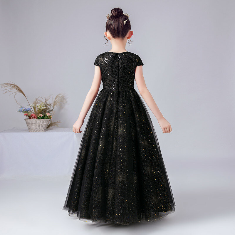 Robe longue en tulle pour filles, à paillettes, motif floral, noire, tenue de princesse, pour fête d'anniversaire
