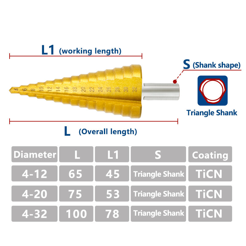 XCAN HSS Step Drill Bits 3PCS 4-12/20/32mm TiN Coating Core Drill Bit Round Shank Step Cone Hole Cutter Metal Drill Bit
