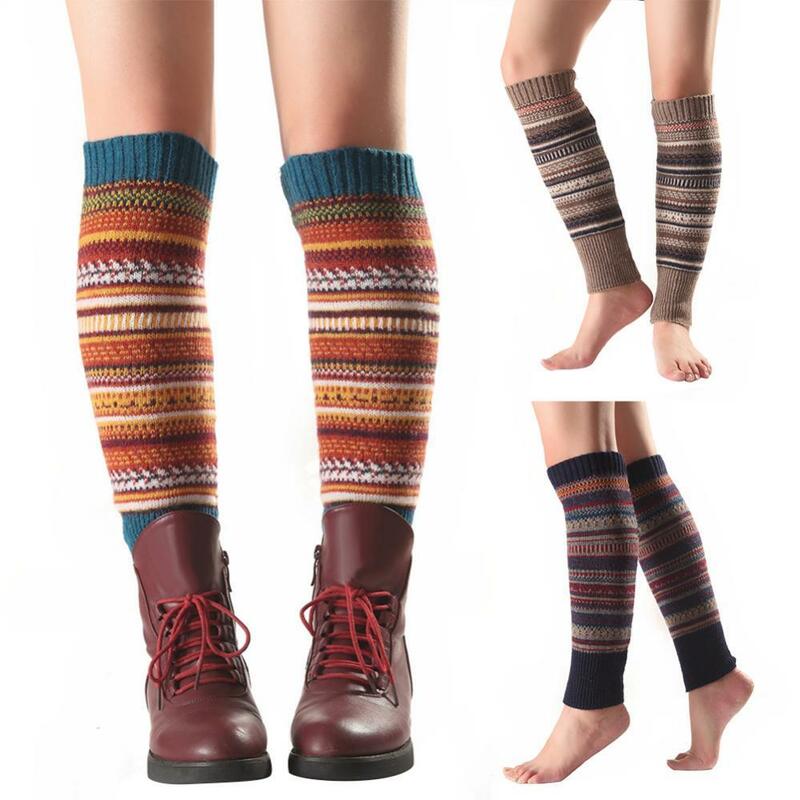 Chaussettes rayées arc-en-ciel pour femmes, tricotées, chaudes, chaussettes sans pied, genou, haute mode, bottes