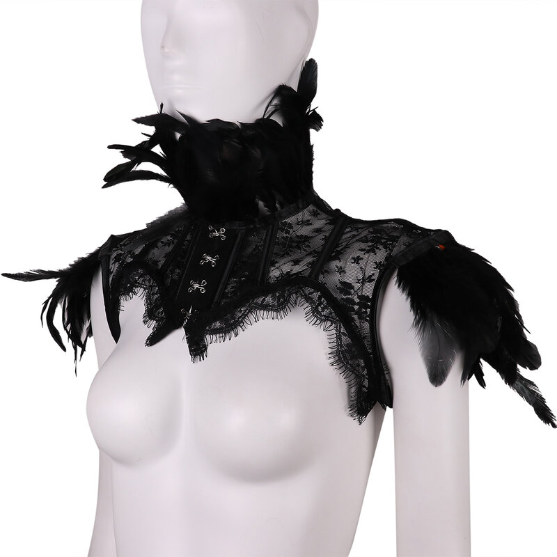Capa de estola de pluma negra gótica Punk para mujer, chal de encogimiento de hombros Vintage, gargantilla de cuello falso Floral de encaje Sexy, capa de Cosplay, envoltura de hombro