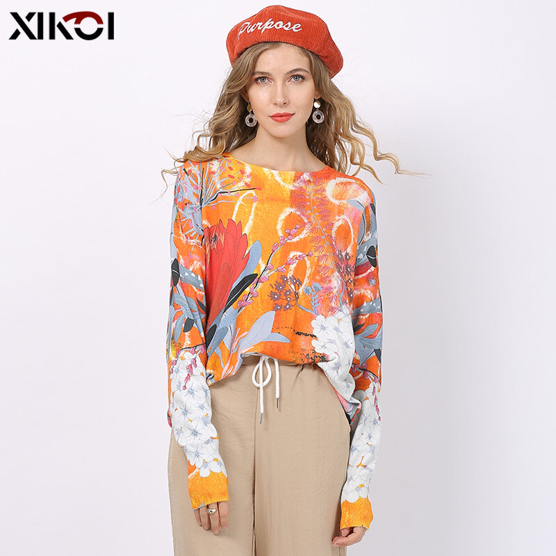 XIKOI-Pull imprimé à manches longues et col rond pour femme, pull respirant d'hiver, grande taille, automne