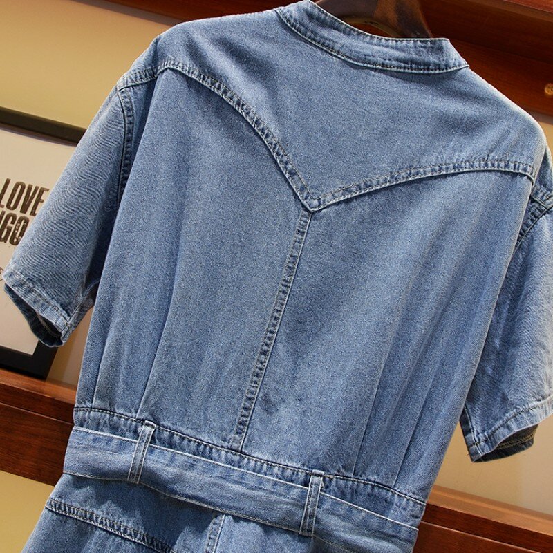 Summer Short Sleeve Women Single Breasted One Piece Jumpsuit Overalls Loose Fit Pockets Jeans Rompers Belt Combinaison Femme