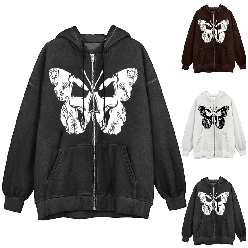 Oversized hoodie casaco de inverno casacos plus size tops zip-up hoodies feminino manga comprida solta gótico impressão com capuz camisolas