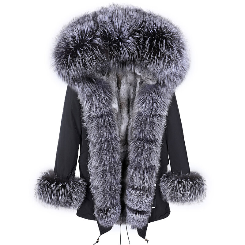 Maomaokong New Winter Women's Fur Natural Real Rabbit Fur Lining Silver Fox Fur Collar Warm Parka Coat Black Long Coat