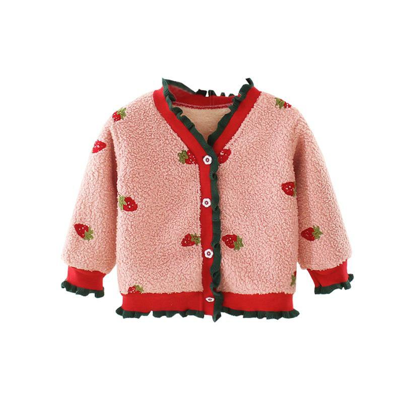 Odzież wierzchnia dla chłopców i dziewcząt Cardigan koreański odzież na śnieg dla dzieci wiosna jesień śliczna truskawka odzież dla niemowląt na zimę grube przeszycie płaszcze dla dzieci