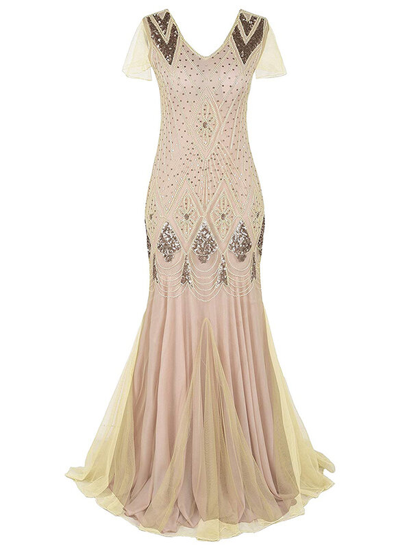 Formalna sukienka retro 1920s suknia wieczorowa z cekinami dekolt w serek z krótkim rękawem siatkowa sukienka z rybim ogonem kobiety party specjalna okazja