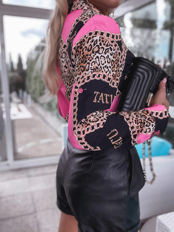 Estate donna Casual allentato abbigliamento quotidiano manica lunga top rosa colletto rovesciato ghepardo catena stampa Colorblock camicia lunga