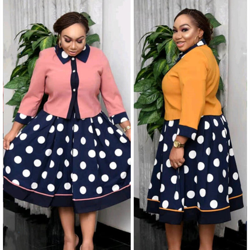 2021 neue Heißer Verkauf Afrikanischen Stil Plus Größe Mantel Und Große Welle Punkt Kleid Anzüge Zwei Stück Set Für Frauen