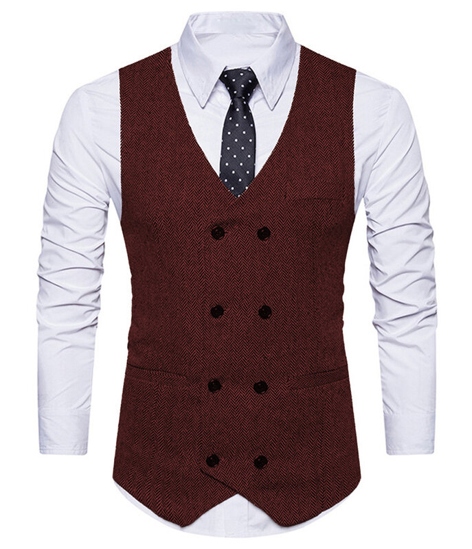 Colete masculino lã tweed fino ajuste lazer algodão terno colete cavalheiro espinha de peixe padrão beckham negócio marrom noivo casamento