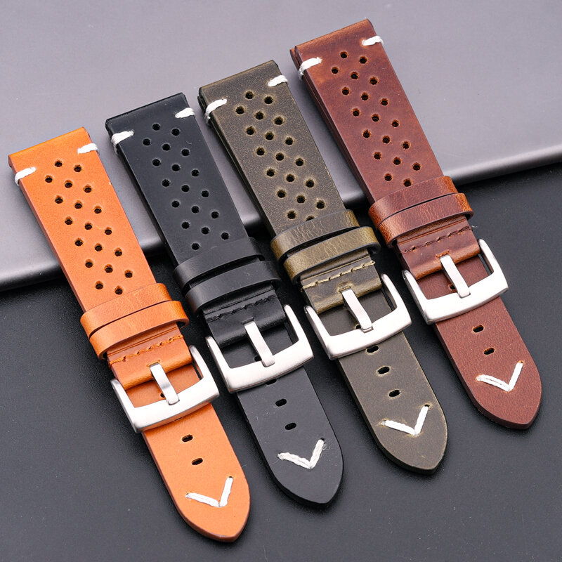 Handmade Cowhide Breathable Watch Band 18 20 22 24mm Men Women 4 Colors Oil Wax Genuine Leather Strap Watchband Accessories