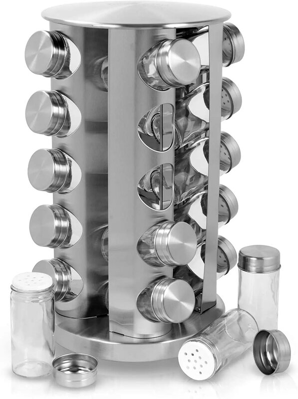 Spice Rack with Glass Pot Working Table Spice Tower Revolving Storage Rack for Seasoning and Drying Herbs Racks & Holders