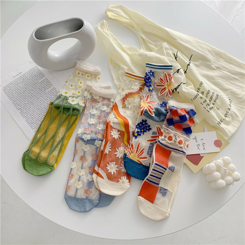 Neuheit Harajuku Retro Sommer Dünne Transparente Glas Socken Frauen Mädchen Floral Print Nette Socken Japanischen Stil Kristall Seide Socken