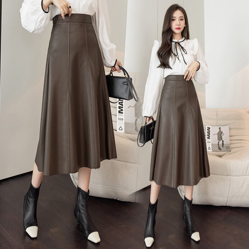 Wisher & tong-女性用合成皮革スカート,韓国スタイル,ハイウエスト,無地,2021年秋冬