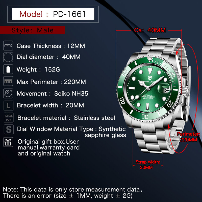 Часы наручные PAGANI DESIGN NH35 Мужские автоматические, механические стеклянные с сапфировым стеклом из нержавеющей стали, 40 мм, 2020