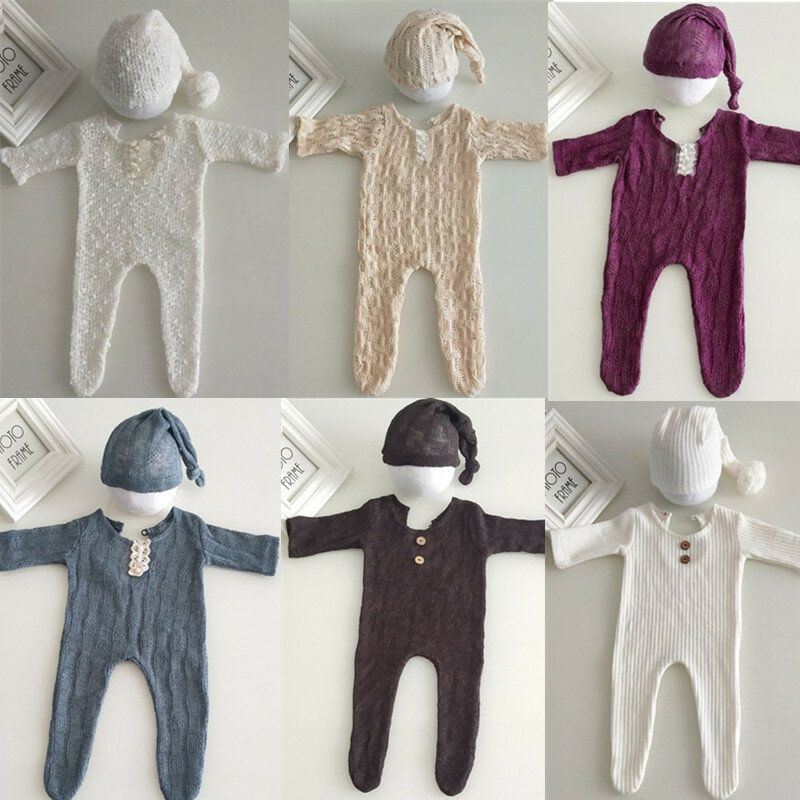 2 Buah Properti Fotografi Baru Lahir Setelan Baju Monyet + Topi Set Jumpsuit Lengan Panjang Bodysuit Buatan Tangan Pakaian Rajut Bayi Mandi