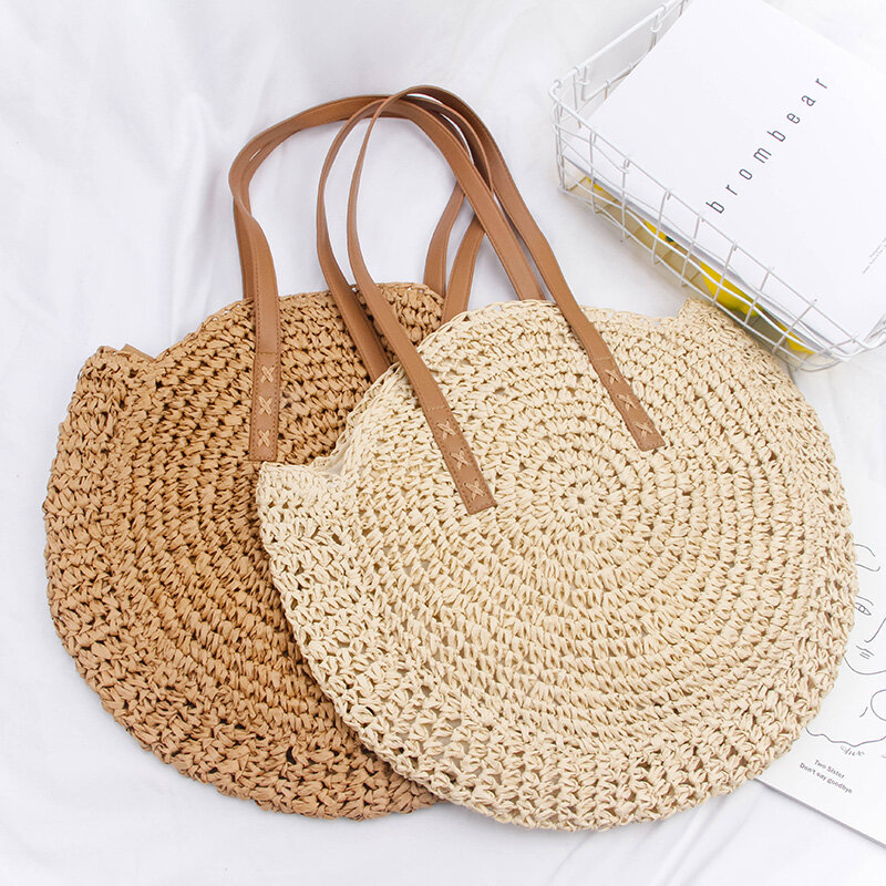 Bolso de playa de paja para mujer, bolsa de rafia tejida a mano de estilo bohemio e informal y con diseño redondo para el verano