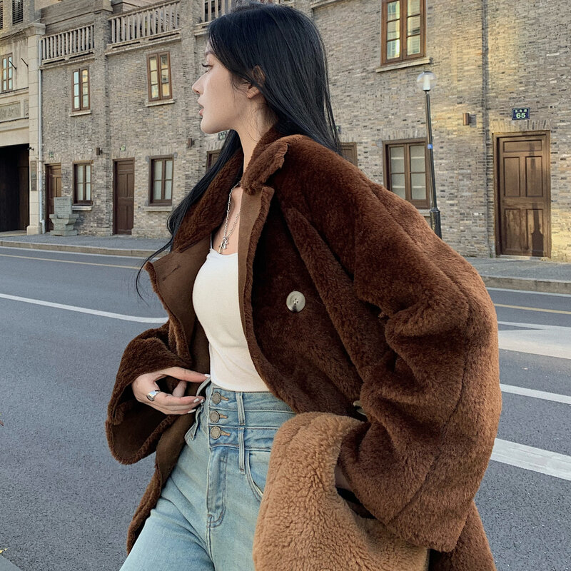 2022 novo casaco de pele do falso do inverno das mulheres grossas longo rendas-up overcoat turn down collar feminino quente outerwear casaco feminino